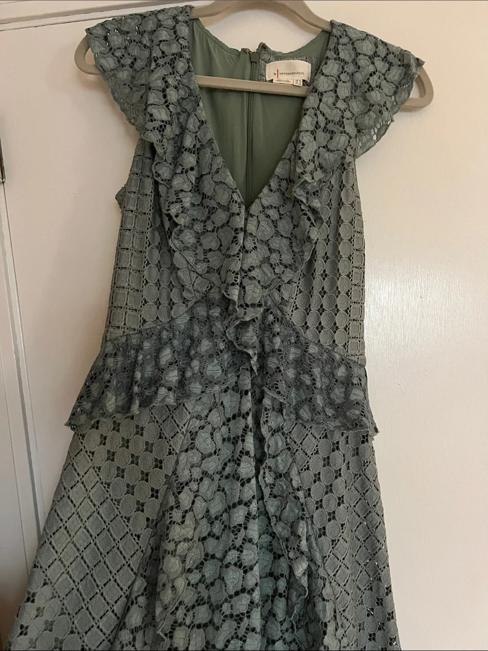 Anthropologie Green Lace Ruffle Midi Dress - Picture 3 of 8